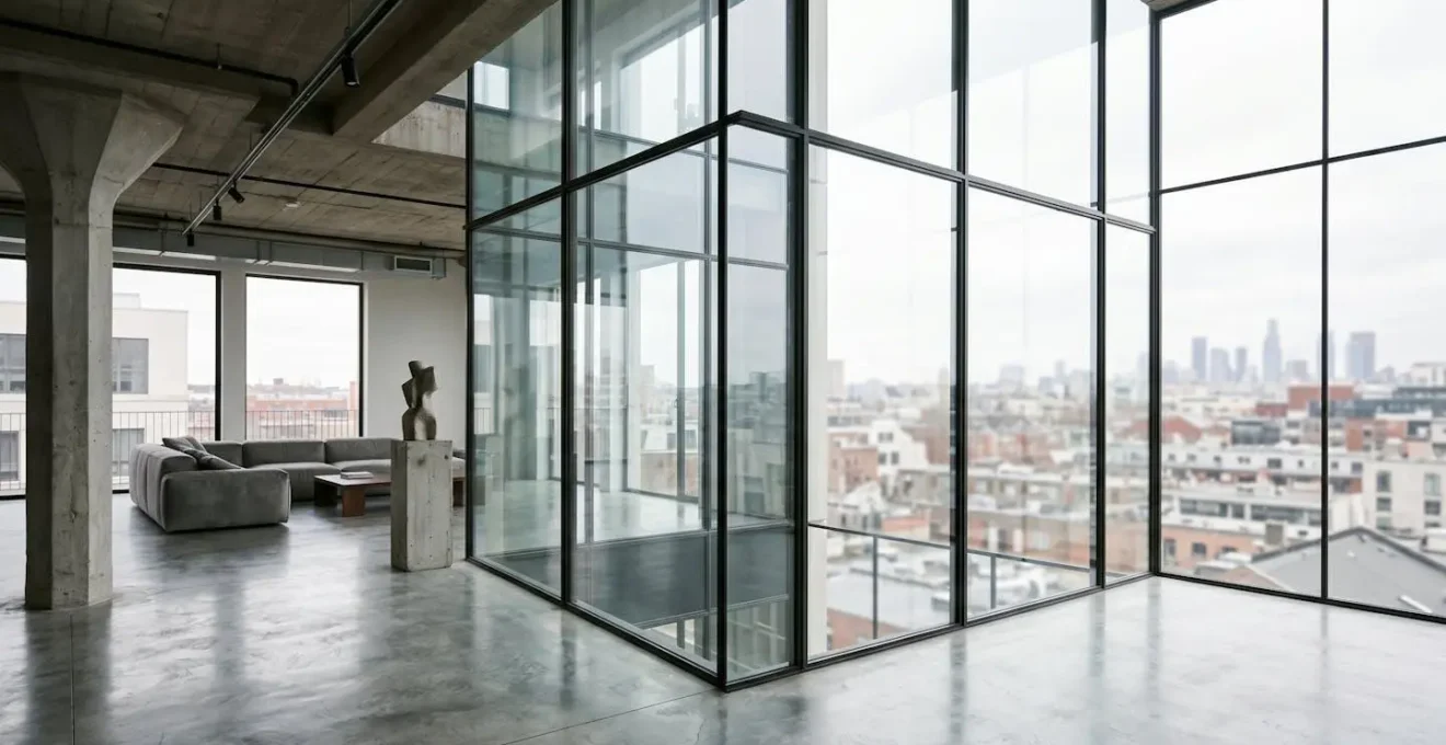 Grande baie vitrée avec montants en acier ultra-fins dans un loft contemporain