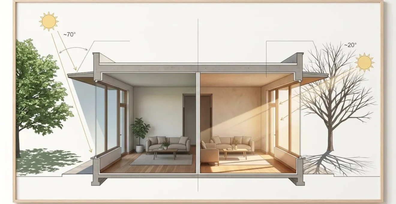 Coupe architecturale montrant le fonctionnement d'une casquette solaire selon les saisons
