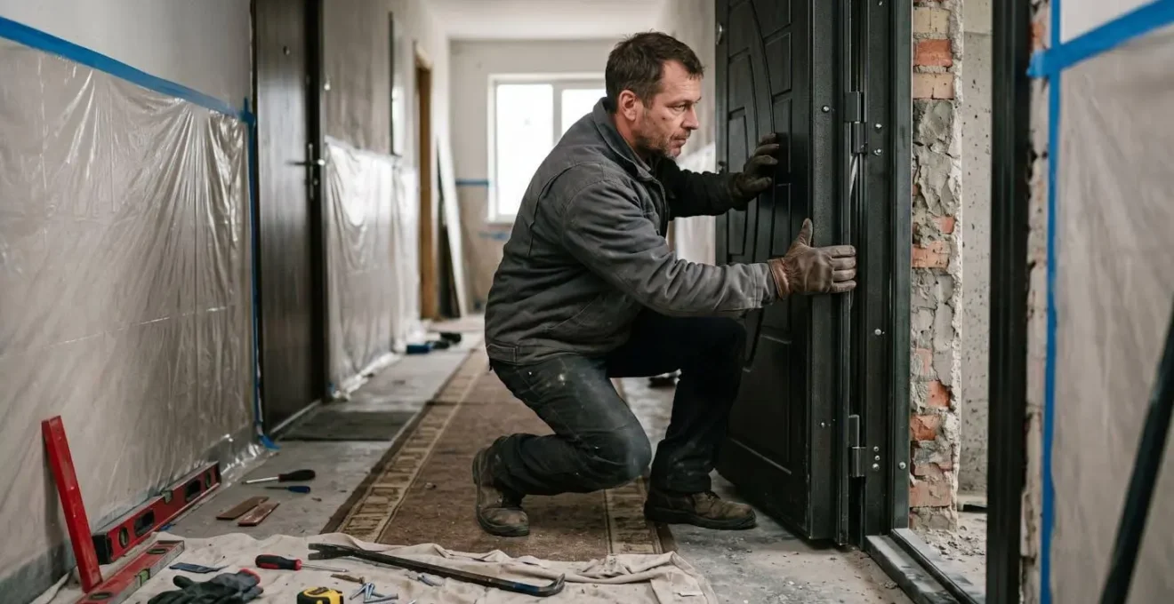 Artisan installant une porte blindée dans un appartement en cours de travaux