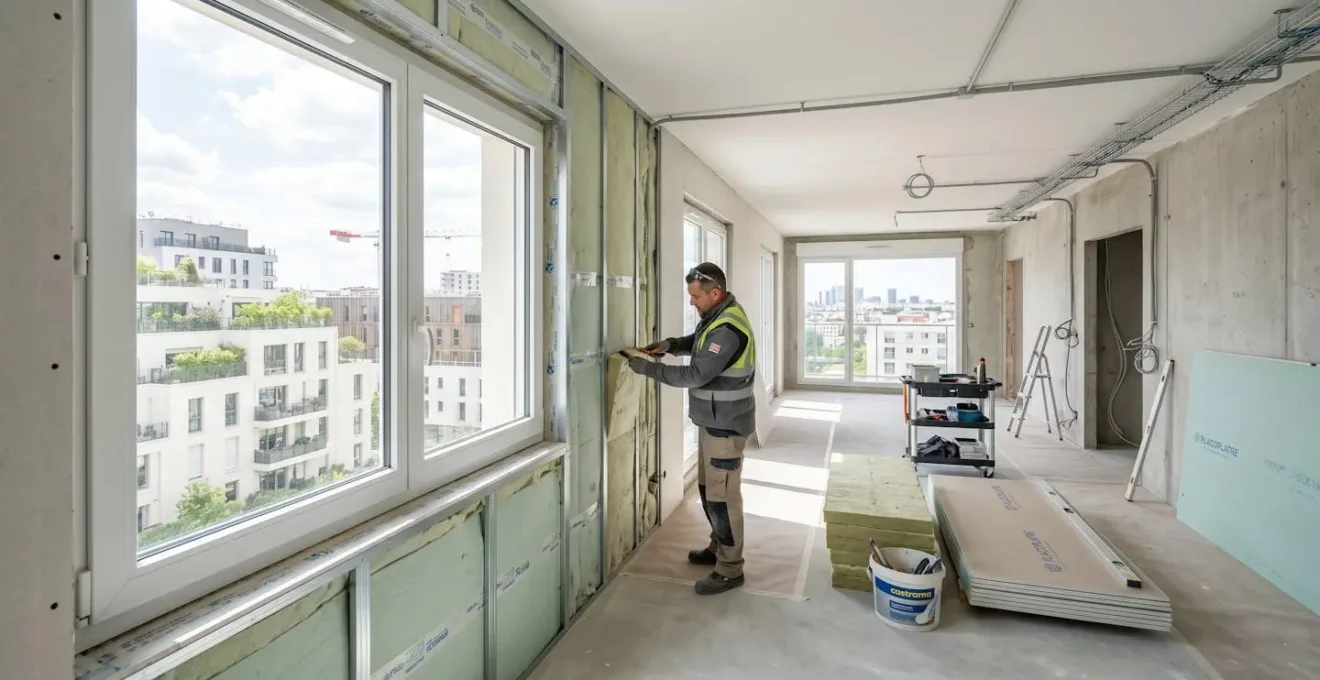Chantier de rénovation lumineux avec fenêtre PVC blanche récemment installée et panneaux d'isolation en cours de pose sur le mur intérieur