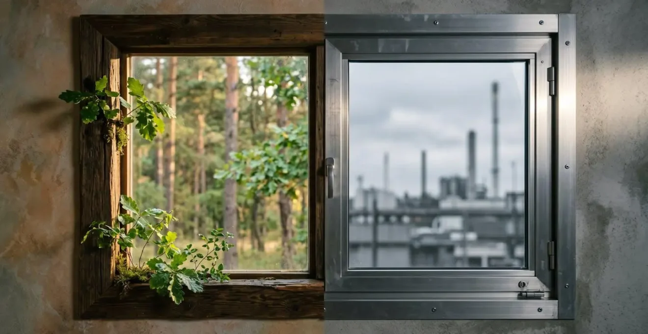 Représentation symbolique du cycle de vie carbone d'une fenêtre en bois local