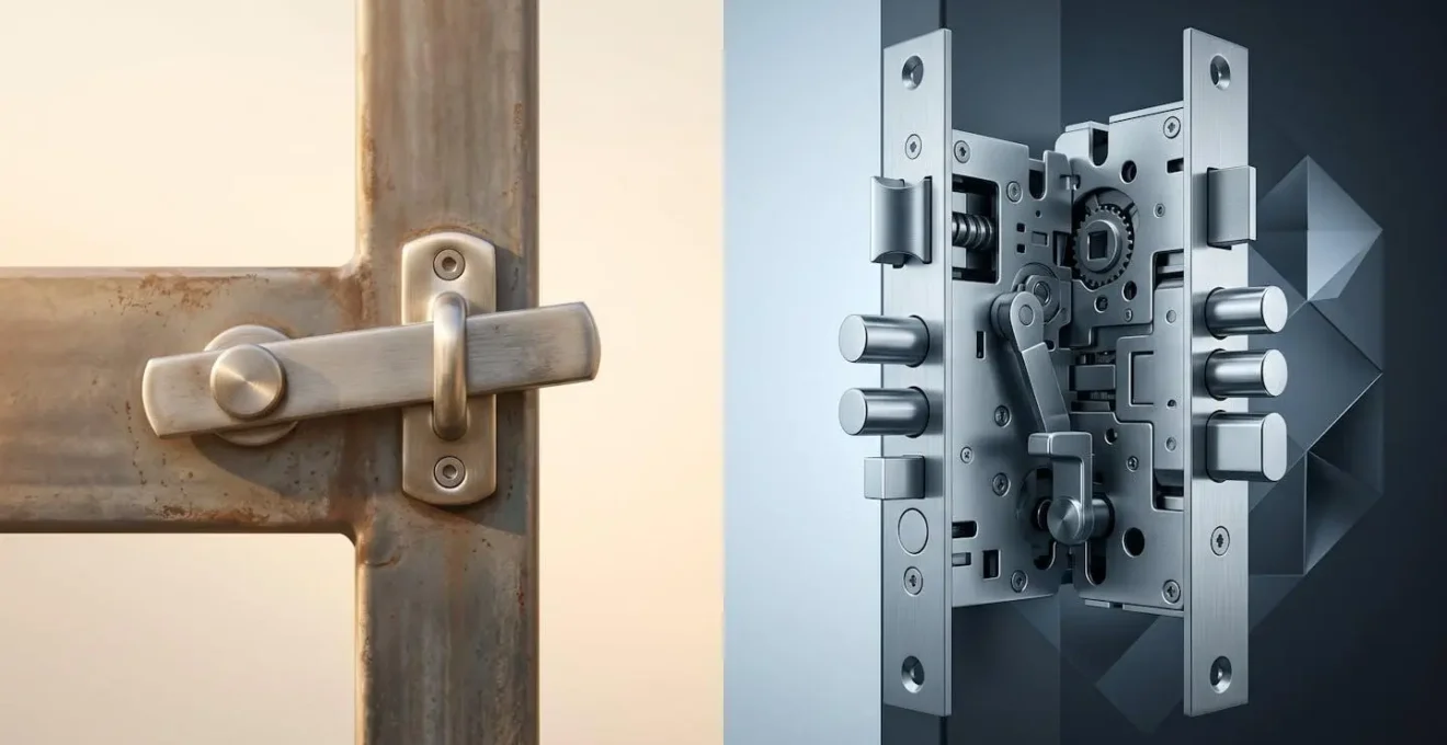 Comparaison visuelle entre une gâche électrique simple et une serrure motorisée multipoints