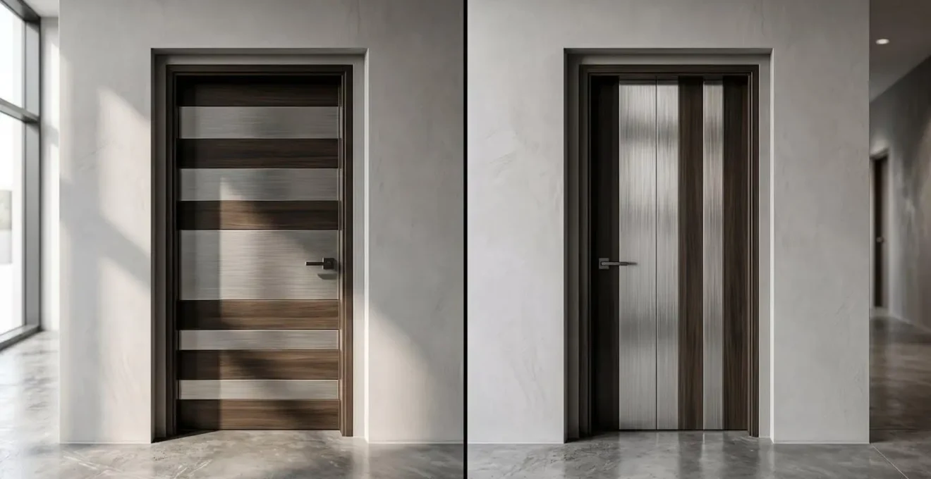 Comparaison visuelle de deux portes identiques avec inserts horizontaux et verticaux montrant l'effet sur la perception spatiale