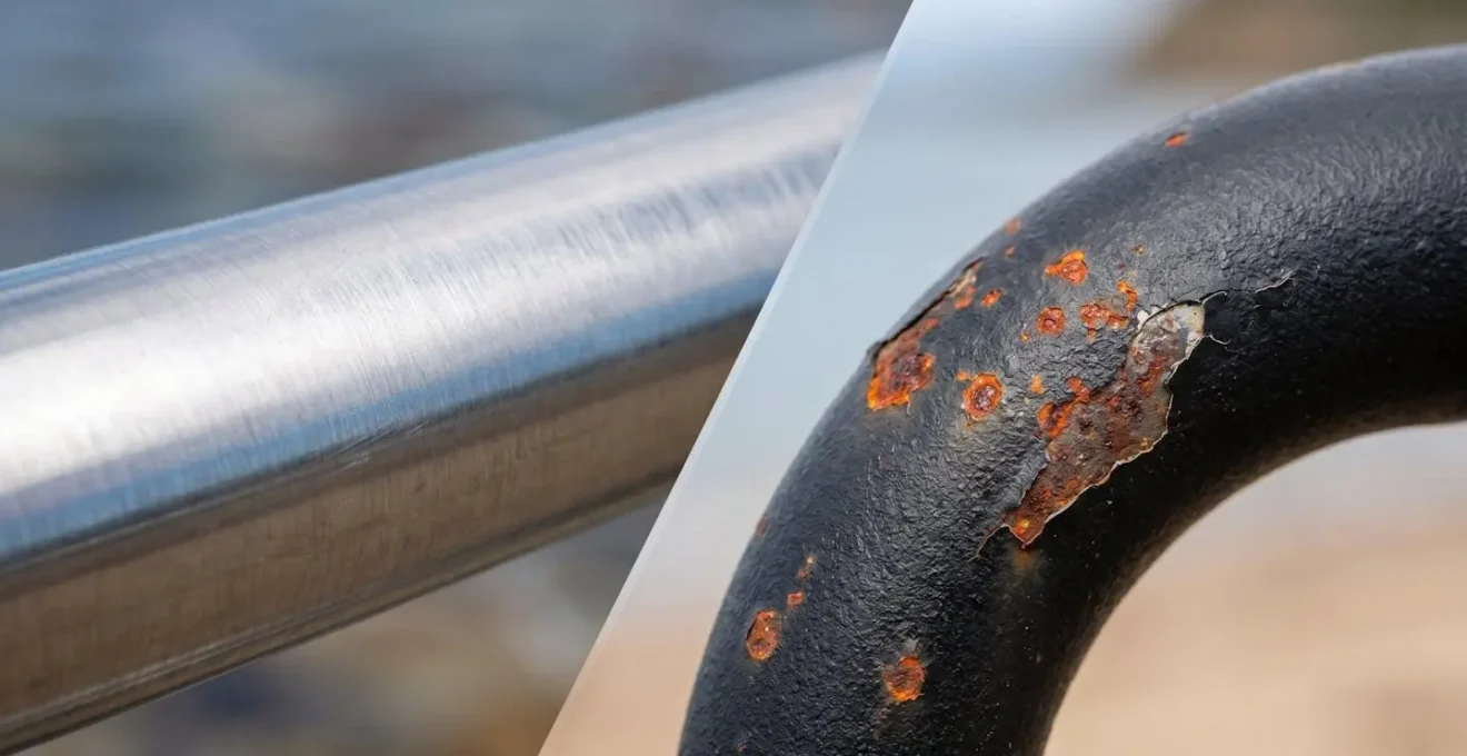 Comparaison visuelle entre une poignée en inox 316L et une poignée en acier thermolaqué après exposition marine