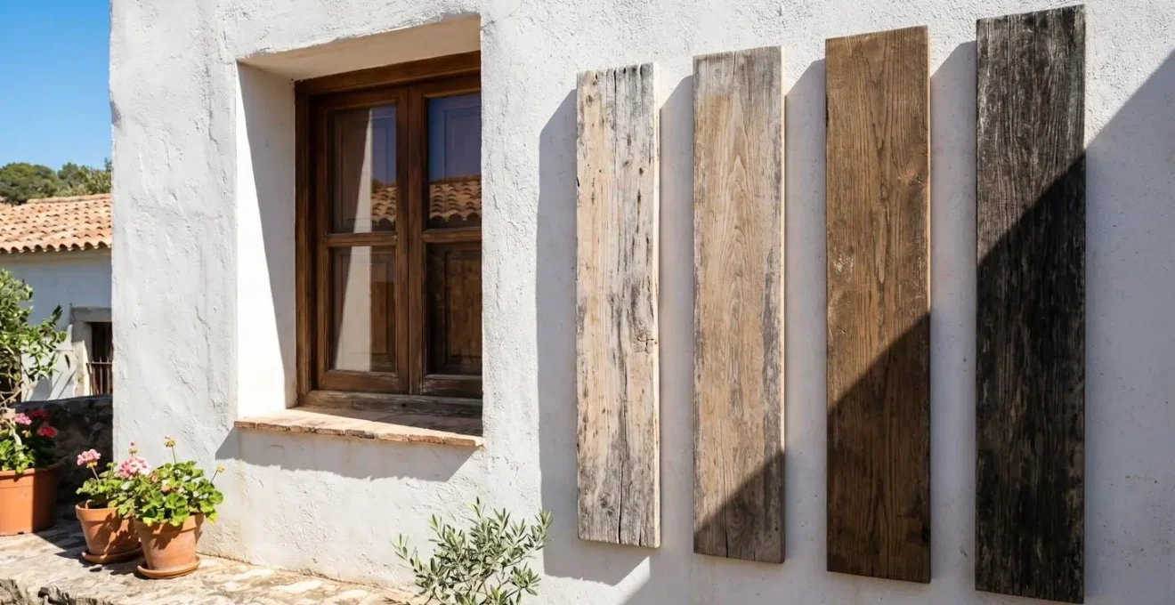 Échantillons de bois avec différentes teintes de lasure montrant la dégradation UV progressive