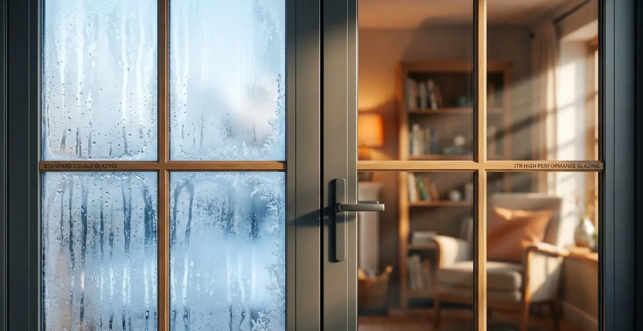 Comparaison visuelle de deux vitrages montrant la différence de condensation et température de surface