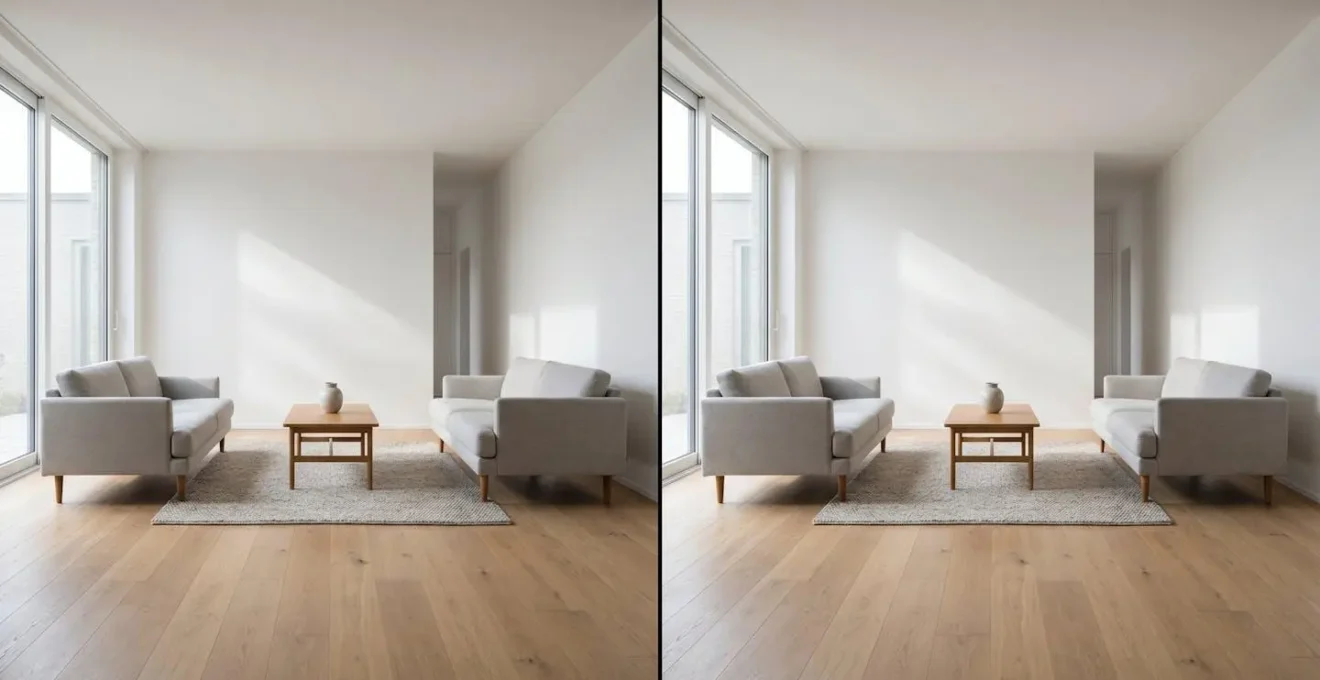 Comparaison visuelle de la transmission lumineuse entre double et triple vitrage dans un intérieur moderne