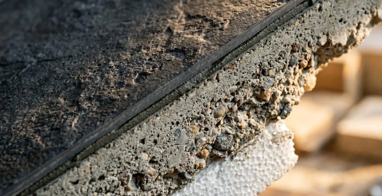 Coupe technique détaillée montrant les couches d'une dalle avec carrelage pour stockage thermique