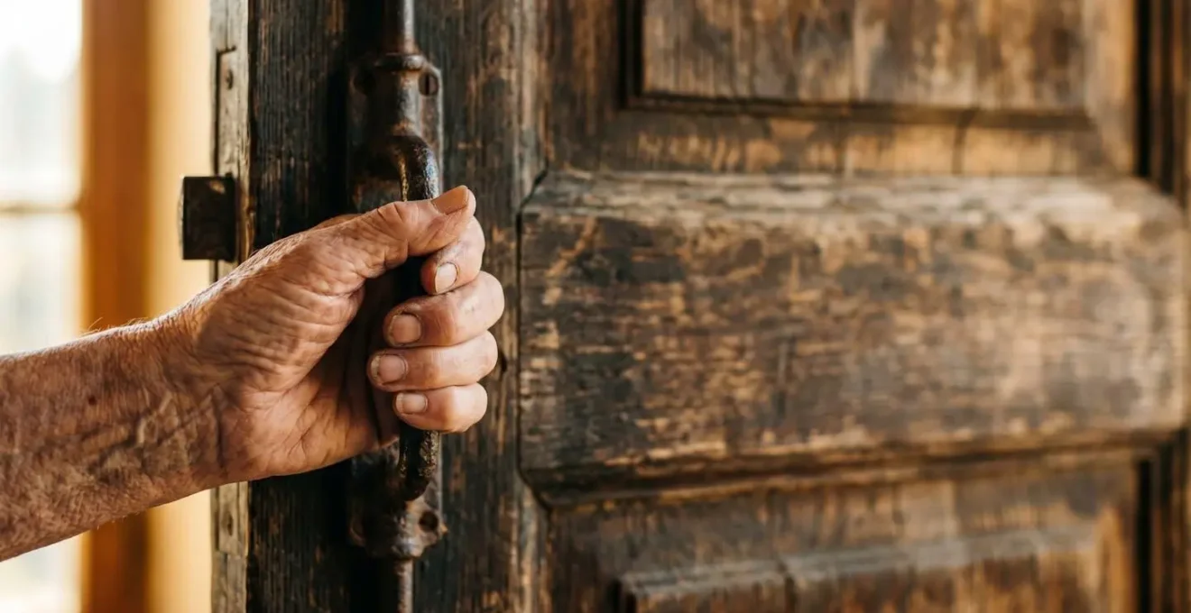 Gros plan sur une crémone ancienne en fonte avec sa patine naturelle sur une porte en bois vieilli