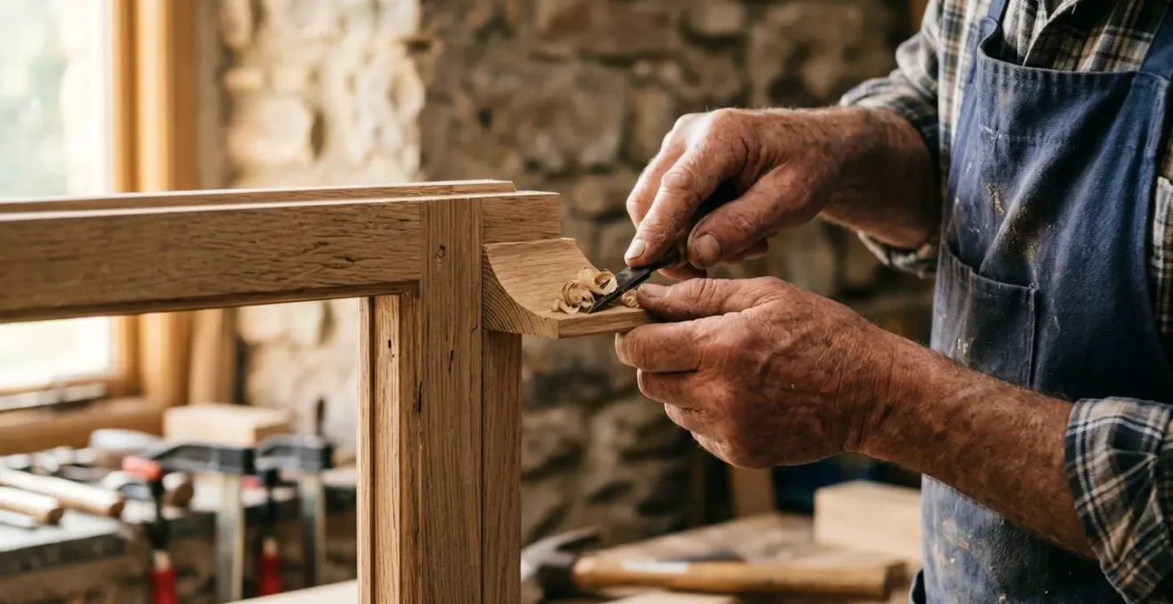 Détail architectural d'un larmier sur menuiserie bois protégeant la façade
