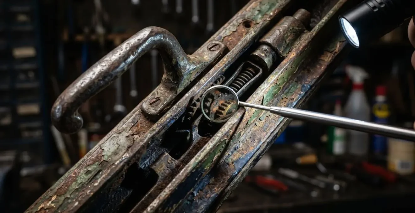 Mécanisme de crémone ancienne inspecté avec un miroir de dentiste et une lampe torche