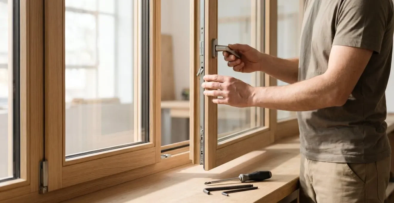 Vue détaillée d'un mécanisme de crémone de fenêtre en cours d'inspection avec outils
