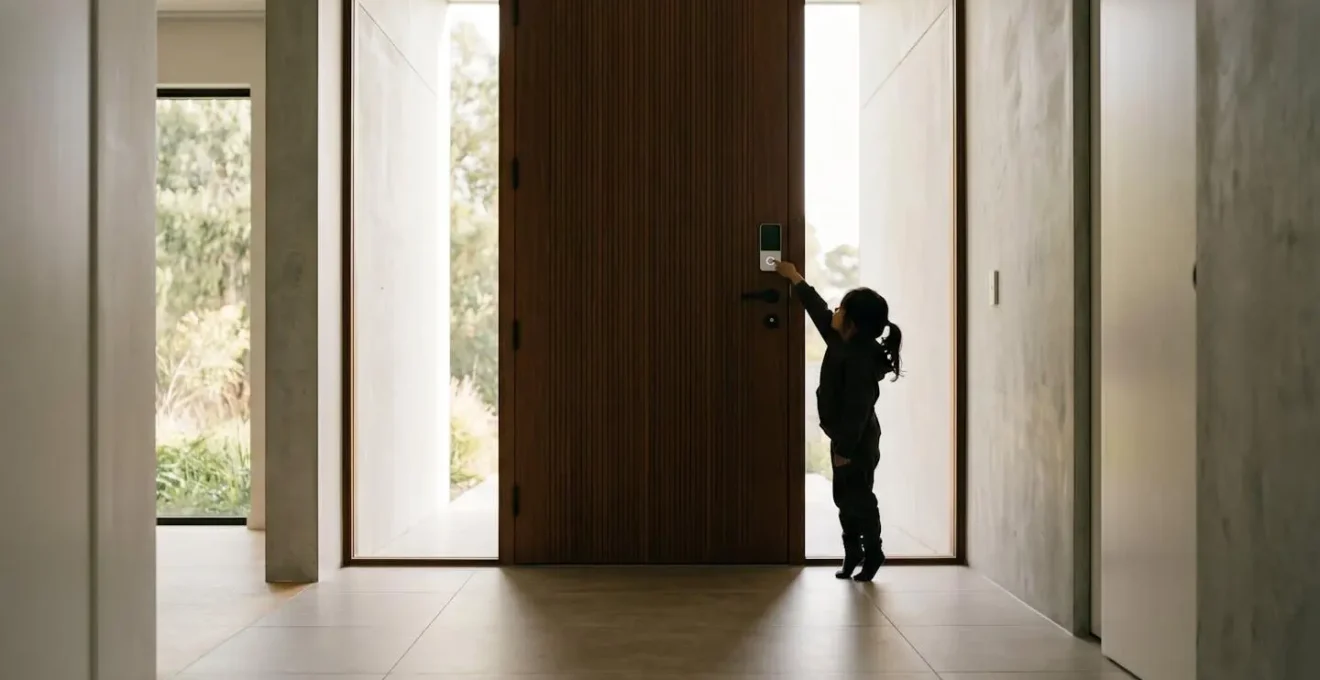 Enfant utilisant un lecteur d'empreinte digitale sur une porte d'entrée moderne