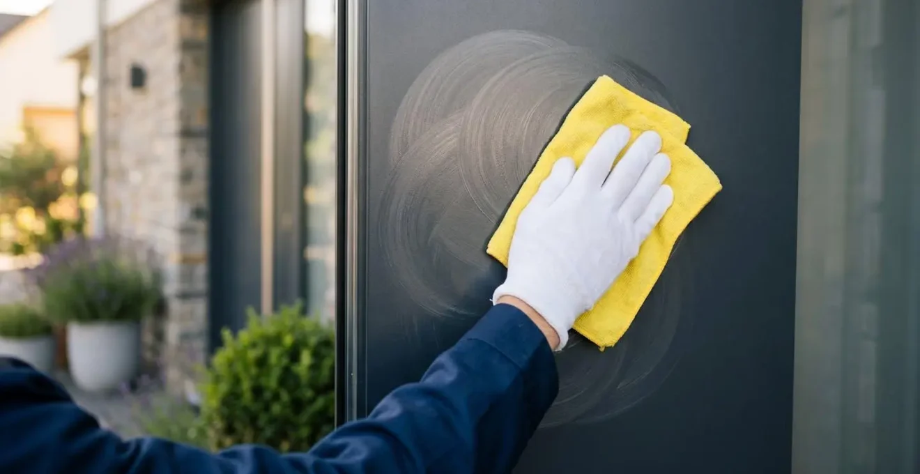 Personne appliquant un produit de lustrage sur une porte aluminium avec un chiffon microfibre