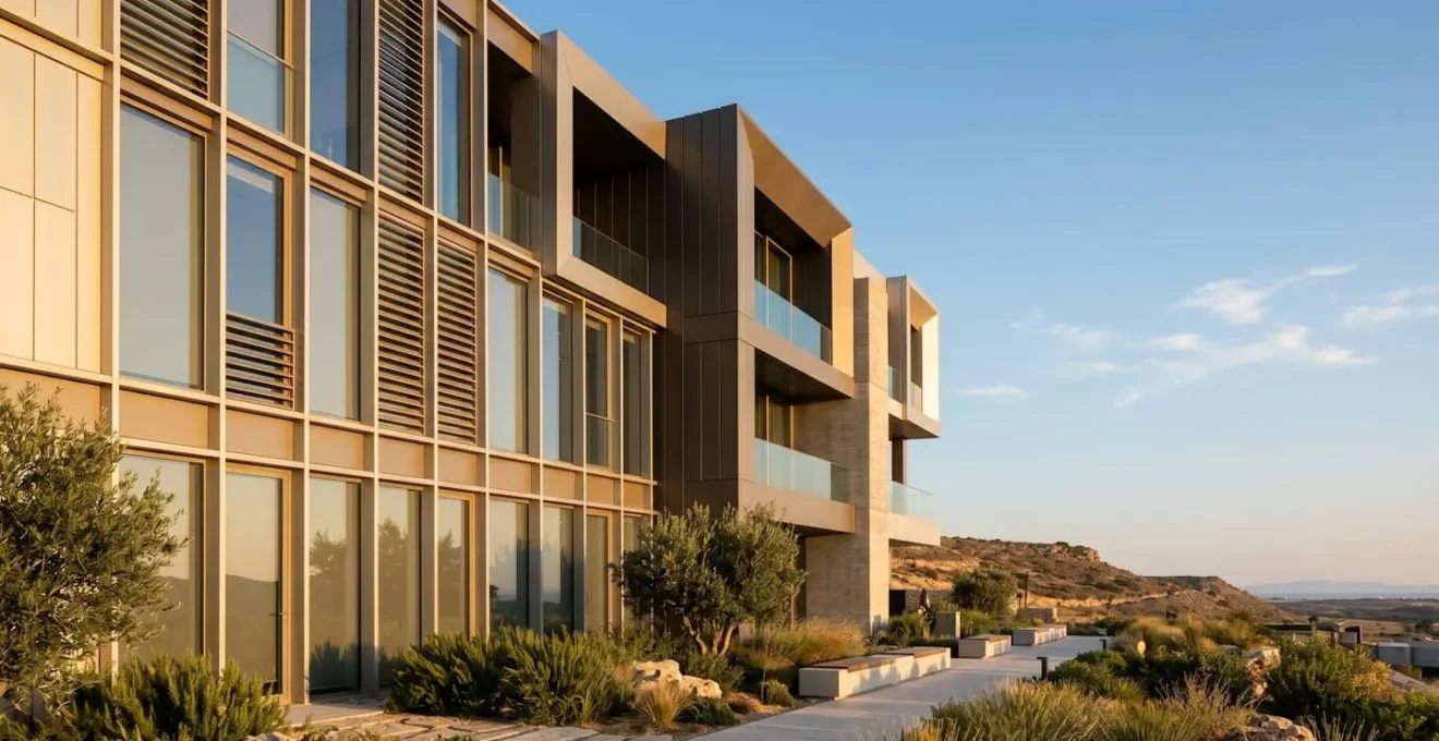 Façade moderne avec menuiseries aluminium exposées plein sud, montrant la tenue parfaite du thermolaquage sous soleil intense