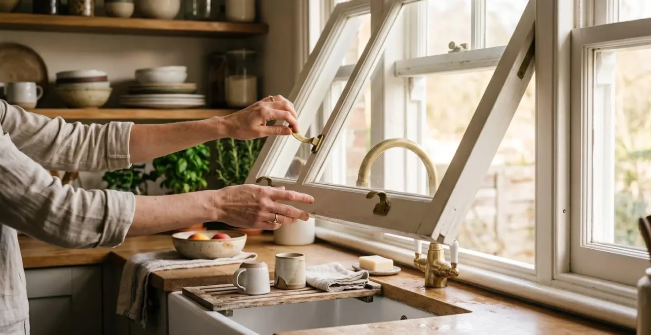 Cuisine compacte avec fenêtre à guillotine au-dessus de l'évier permettant un aménagement optimisé