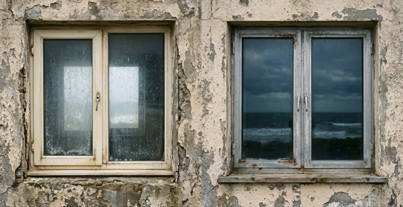 Comparaison visuelle du vieillissement de fenêtres PVC et aluminium après 10 ans en bord de mer
