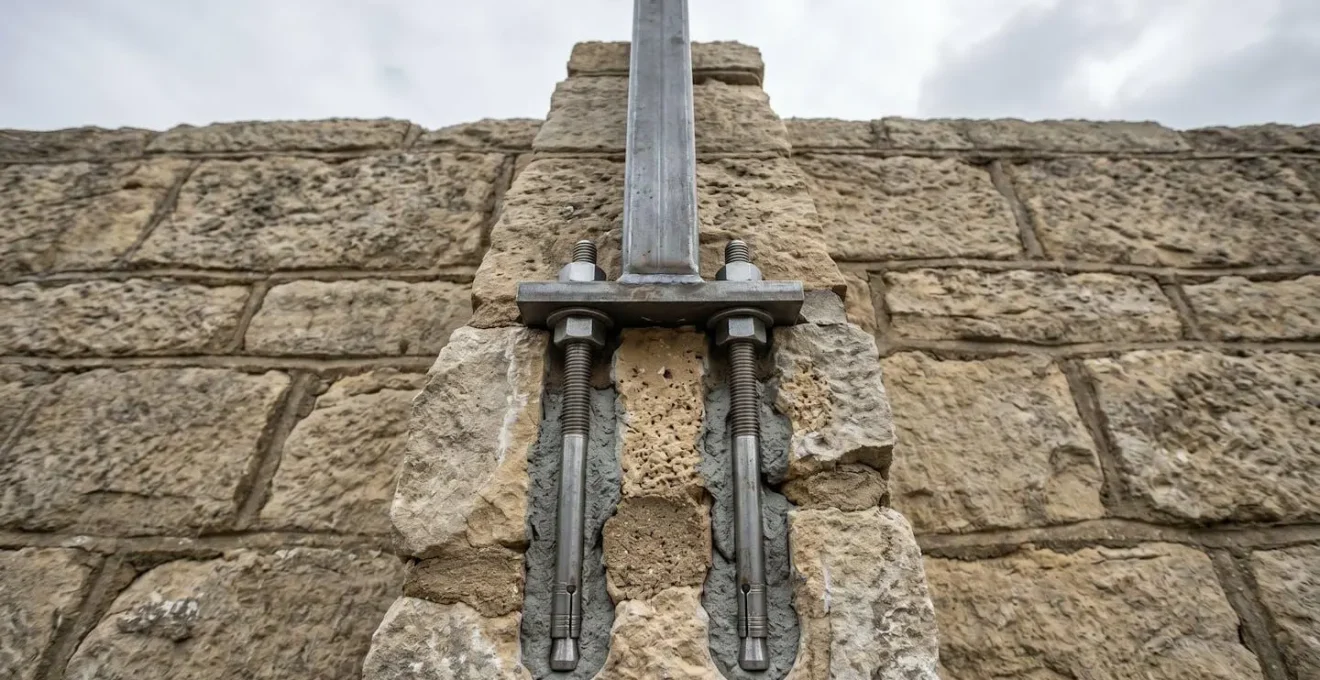 Vue en coupe d'un système de fixation de grille avec scellement chimique dans un mur en pierre