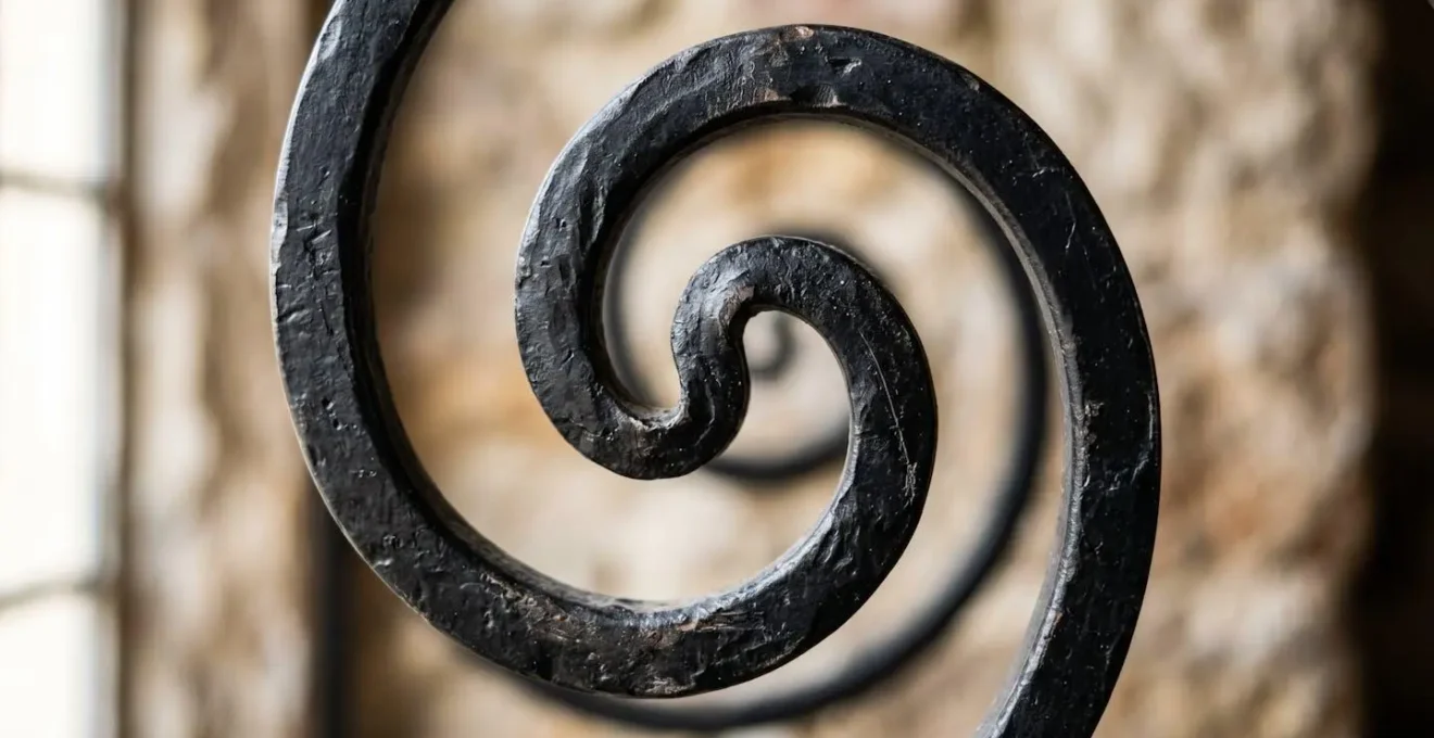 Détail macro d'une volute en fer forgé avec finition noire mate montrant la texture du métal travaillé