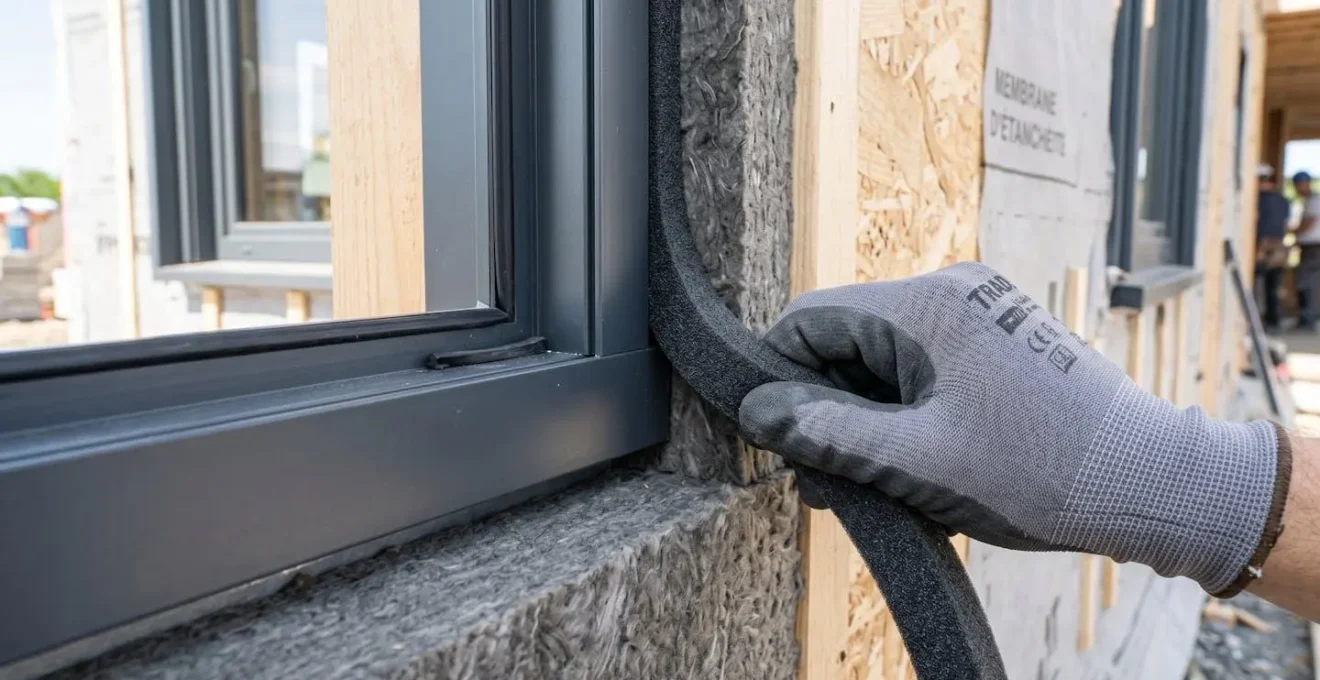 Gros plan sur une main d'artisan appliquant une bande de mousse imprégnée pré-comprimée certifiée entre le dormant d'une fenêtre et un panneau d'isolant rigide