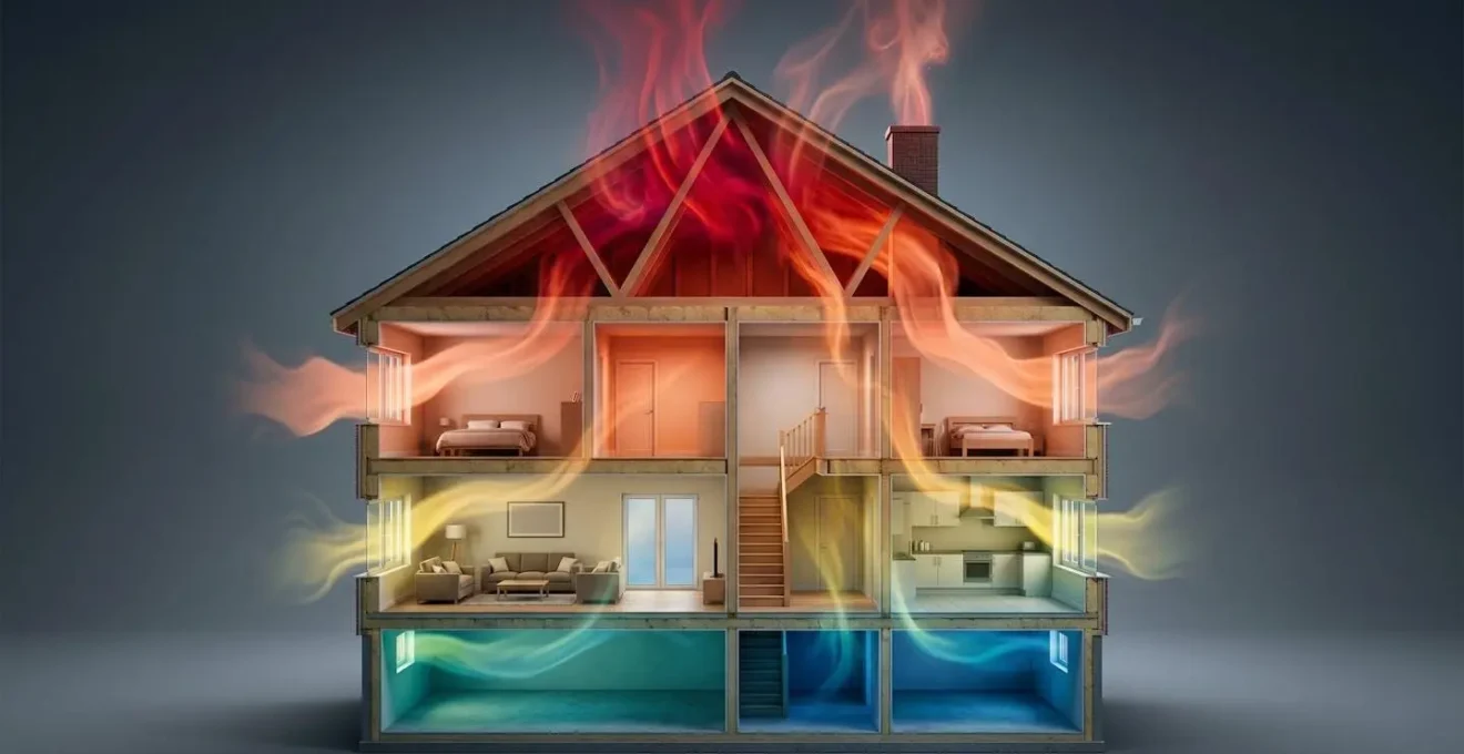 Coupe transversale d'une maison montrant les zones de déperdition thermique