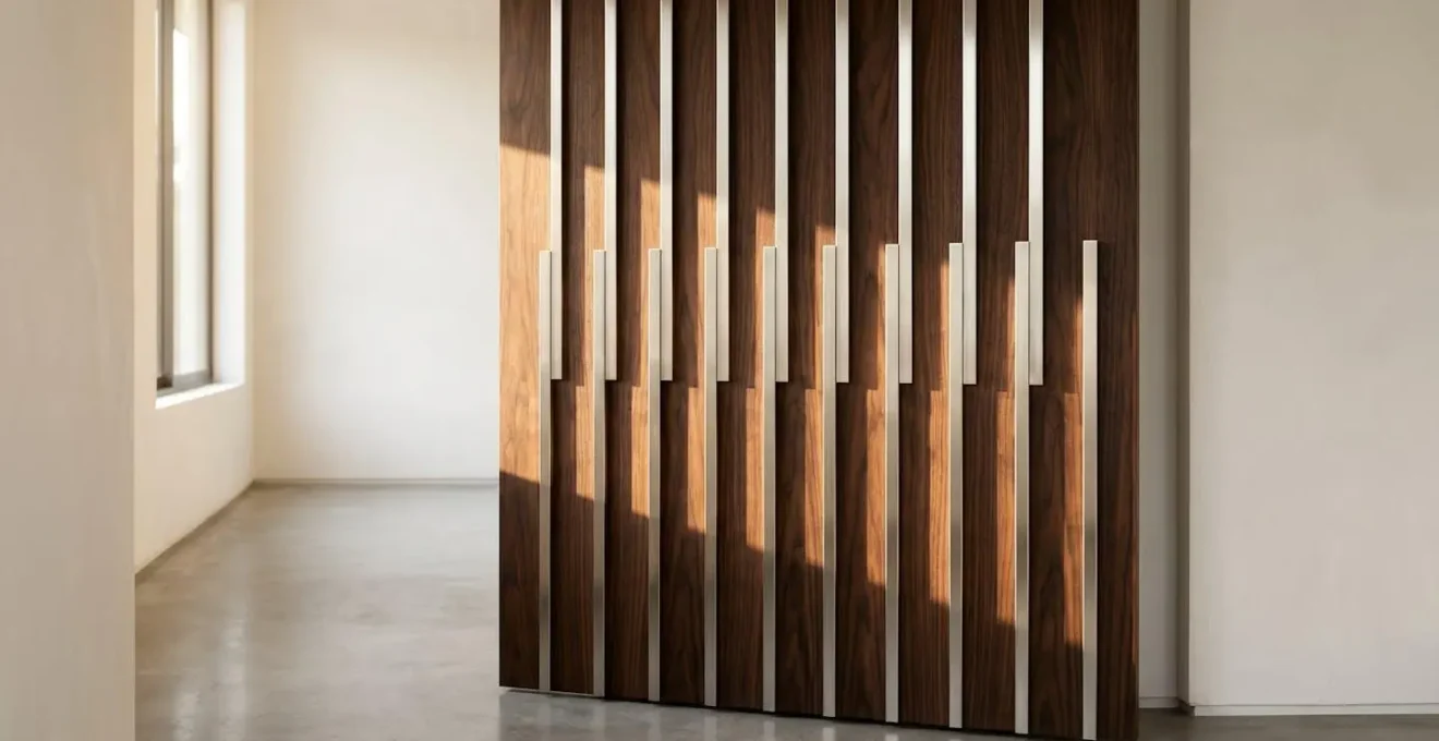 Porte en bois avec inserts métalliques verticaux créant un jeu d'ombres et de lumières
