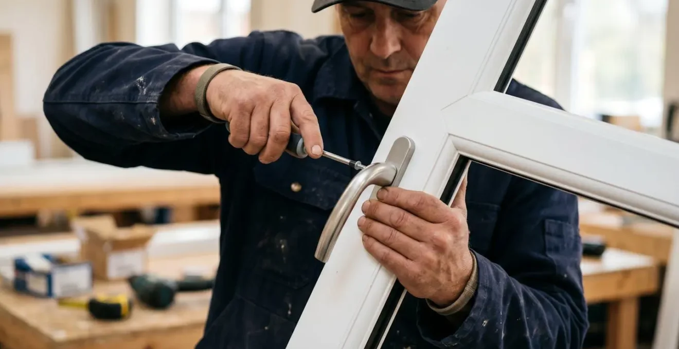 Mains installant une poignée Sécustik sur une fenêtre PVC blanche
