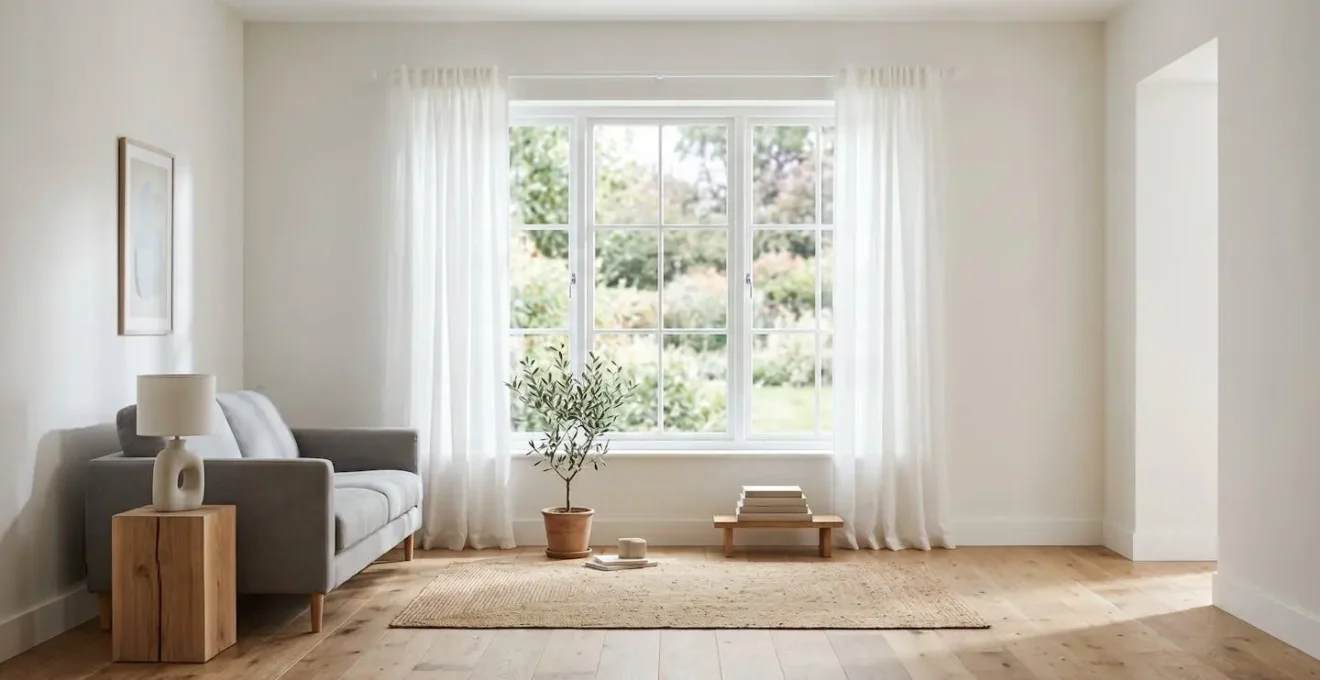 Intérieur lumineux avec fenêtre à cadre blanc dans un décor scandinave minimaliste