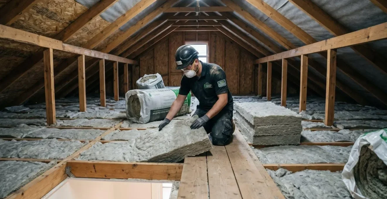 Technicien installant de la laine minérale dans des combles perdus