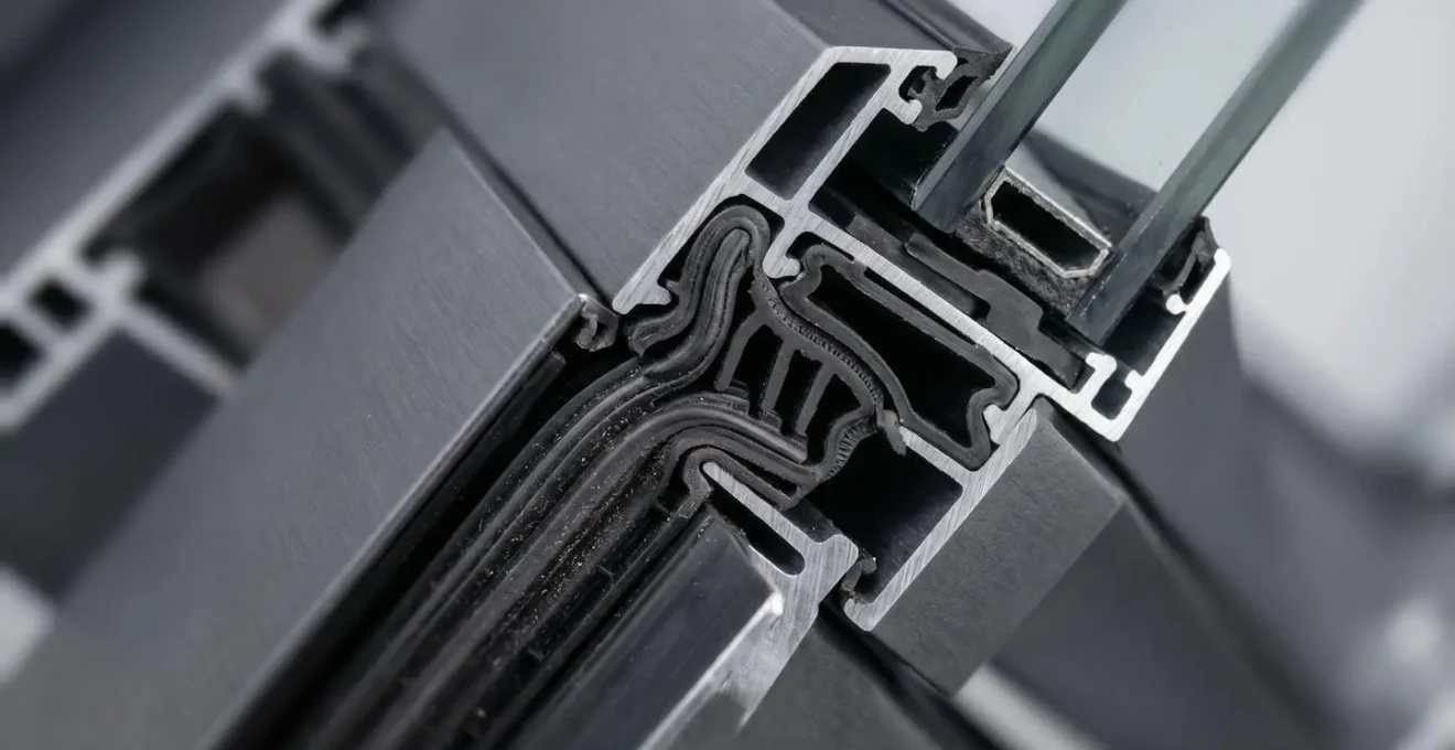 Vue macro du système de joint à compression d'une fenêtre pivotante haute performance