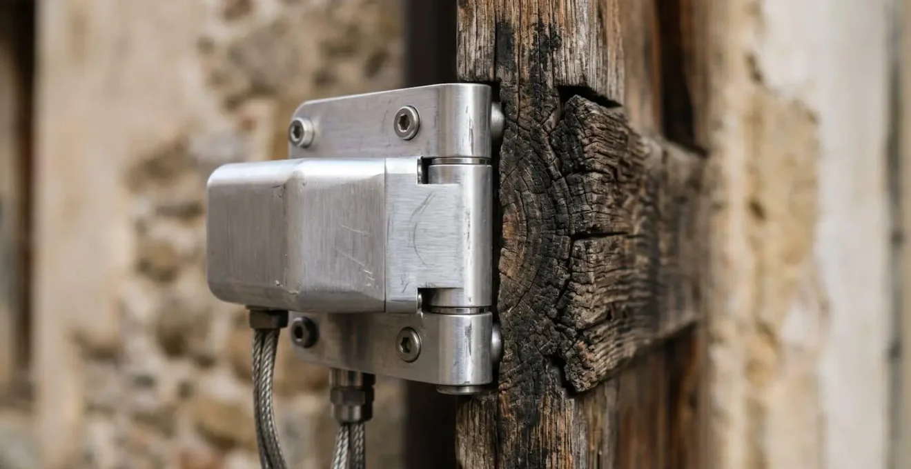 Gros plan sur système de motorisation invisible intégré dans le gond d'un volet battant en bois