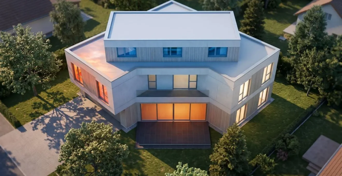 Vue aérienne d'une maison montrant les différentes orientations avec des vitrages adaptés à chaque façade