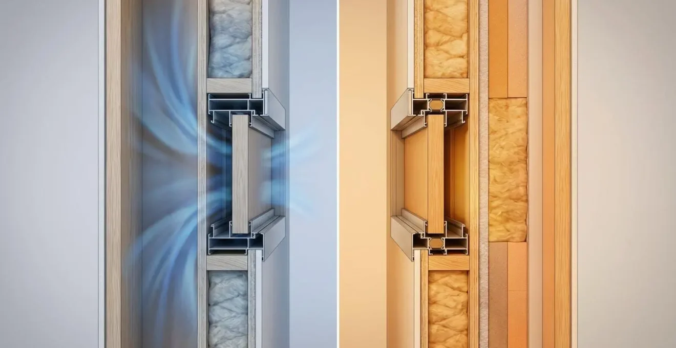 Coupe technique montrant la différence entre un caisson standard et un caisson avec rupture de pont thermique