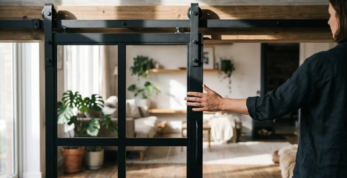 Système de rail suspendu pour porte coulissante type grange sur verrière atelier