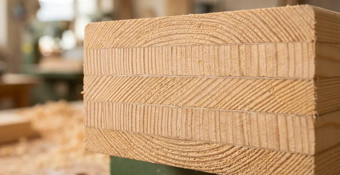 Vue macro détaillée d'une section de bois lamellé-collé montrant l'alternance des fibres