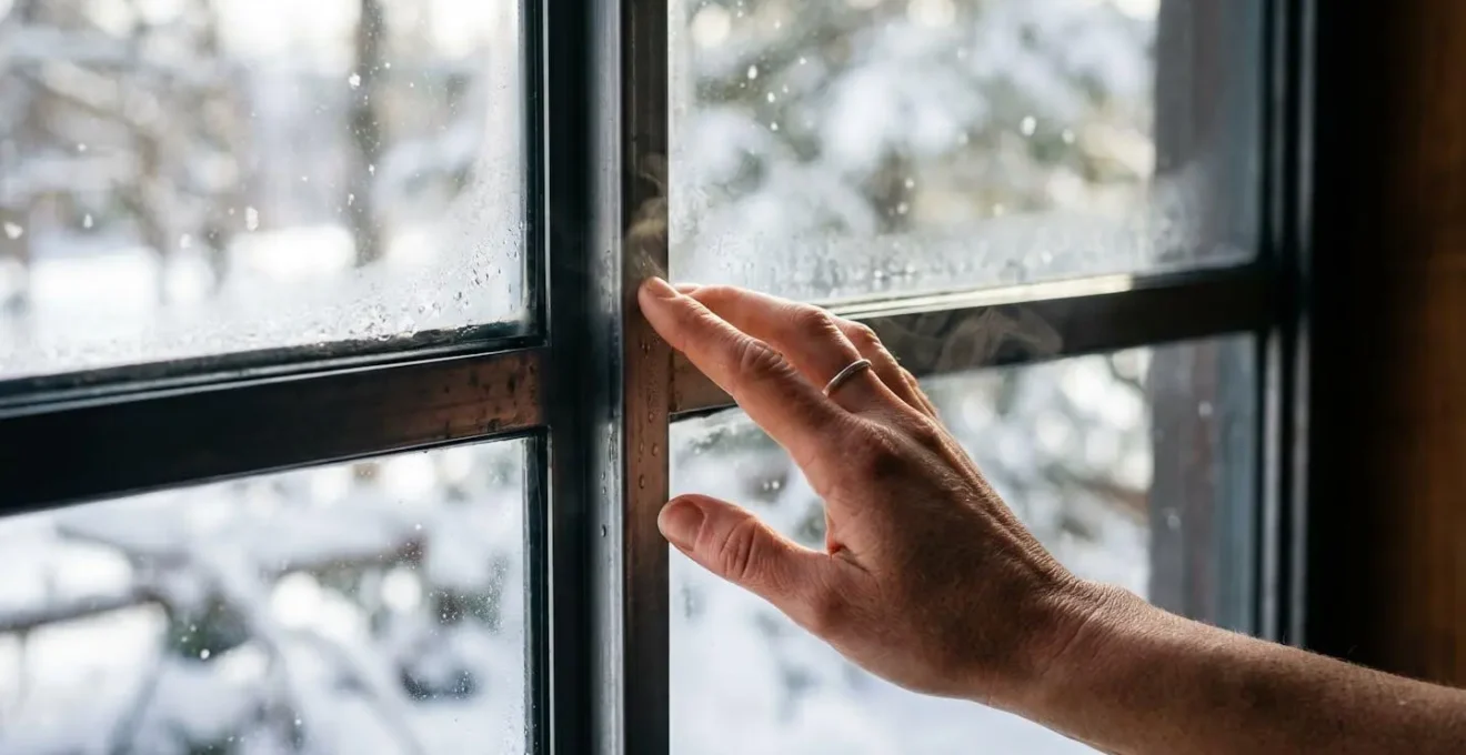 Main touchant un cadre de fenêtre aluminium en hiver pour détecter la présence d'une rupture de pont thermique