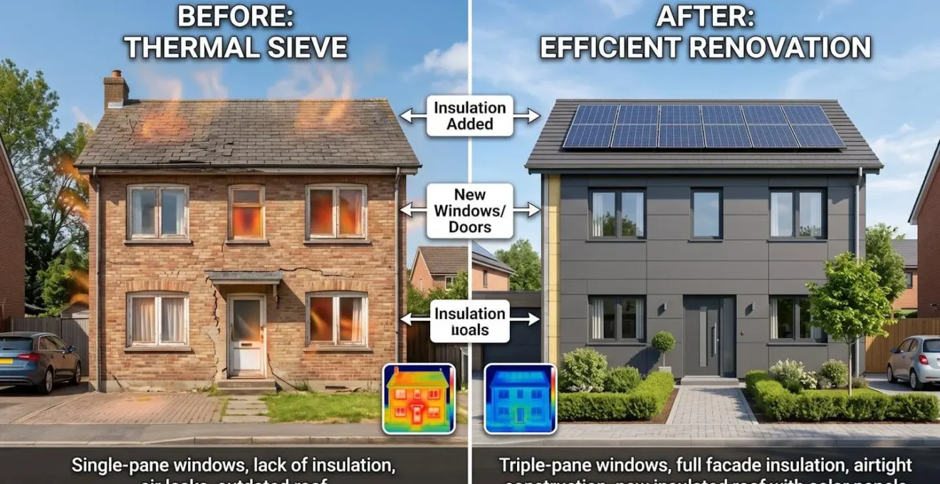 Comparaison avant-après d'une façade de maison passant de passoire thermique à performante