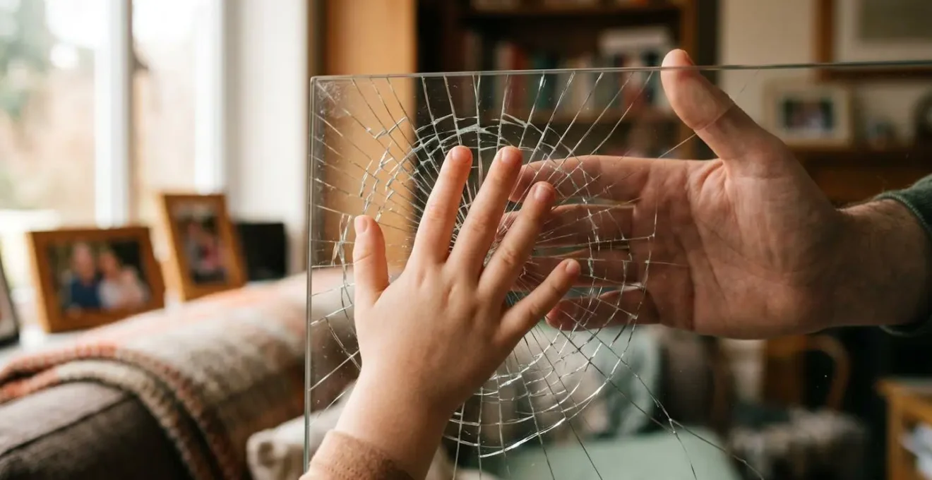 Démonstration de la sécurité d'un verre feuilleté qui reste en place même fissuré, avec une main d'enfant qui le touche sans danger