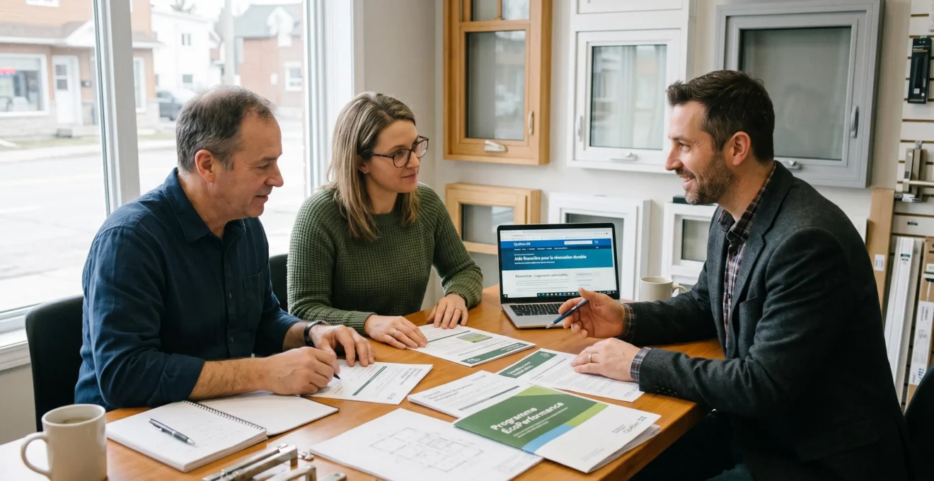 Conseiller en rénovation accompagnant un couple de propriétaires dans la révision de documents de subvention Rénoclimat et Maisons plus vertes, bureau professionnel Québec