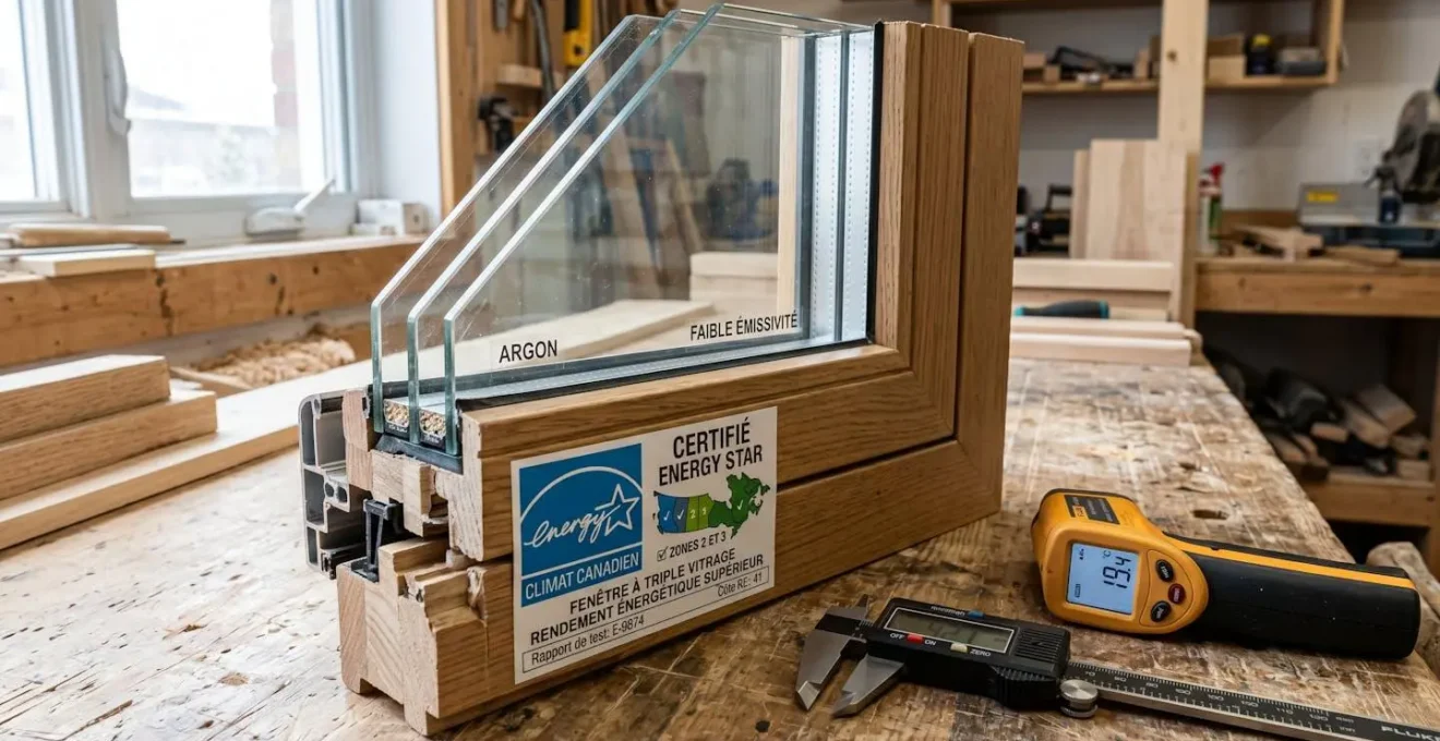 Coupe transversale d'une fenêtre triple vitrage avec étiquette certification ENERGY STAR zone climatique 2-3 Canada, détail des couches de vitrage et intercalaires