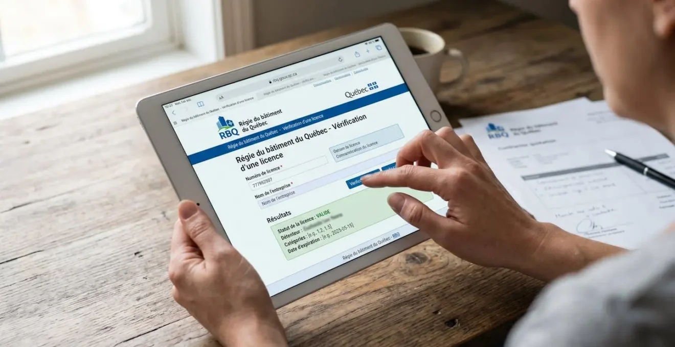 Écran affichant le site rbq.gouv.qc.ca avec interface de vérification de licence RBQ d'entrepreneur, vérification avant signature de contrat rénovation