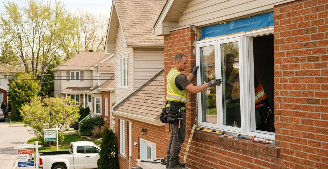Technicien installant une fenêtre triple vitrage sur la façade d'une maison unifamiliale québécoise typique, chantier de rénovation résidentielle Rive-Sud Montréal en lumière naturelle printanière