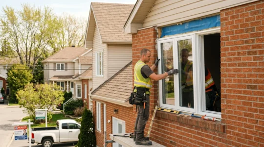 Technicien installant une fenêtre triple vitrage sur la façade d'une maison unifamiliale québécoise typique, chantier de rénovation résidentielle Rive-Sud Montréal en lumière naturelle printanière